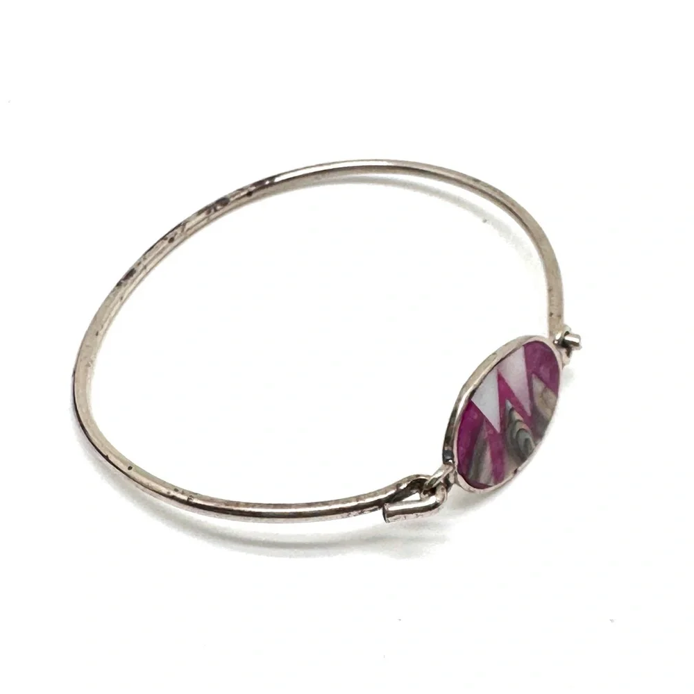 Vintage Alpaca Silver Bangle Bracelet with Mother-of-Pearl Abalone Shell Inlay